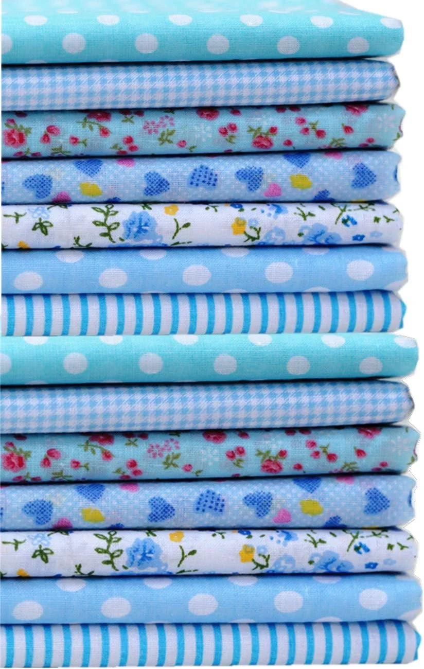 مجموعه پارچه های نخی مربعی 14 تکه Miss Craft MSCFTFB با 7 طرح مختلف، تکه پارچه های از پیش برش خورده برای لحاف دوزی، تکه دوزی، ساخت عروسک و لباس (آبی آسمانی)