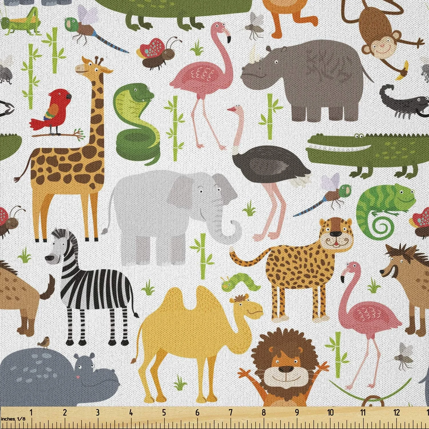 پارچه سافاری لوناربل متری، طرح کارتونی حیوانات با تم سافاری شامل شیرها، ببرها، فلامینگوهای خنده دار، پارچه میکروفیبر برای هنرها و صنایع دستی، منسوجات و دکور، 3 یارد، رنگین کمانی