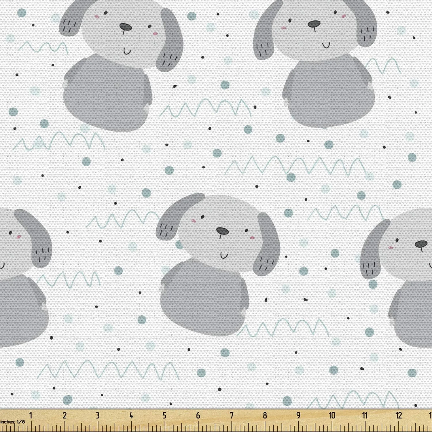 پارچه سگ های Lunarable متری، توله سگ کوچک دودل با نقاط دایره ای، تم اتاق کودک با خط موج دار، پارچه تزئینی برای روکش و لوازم منزل، 2 یارد، آبی خاکستری