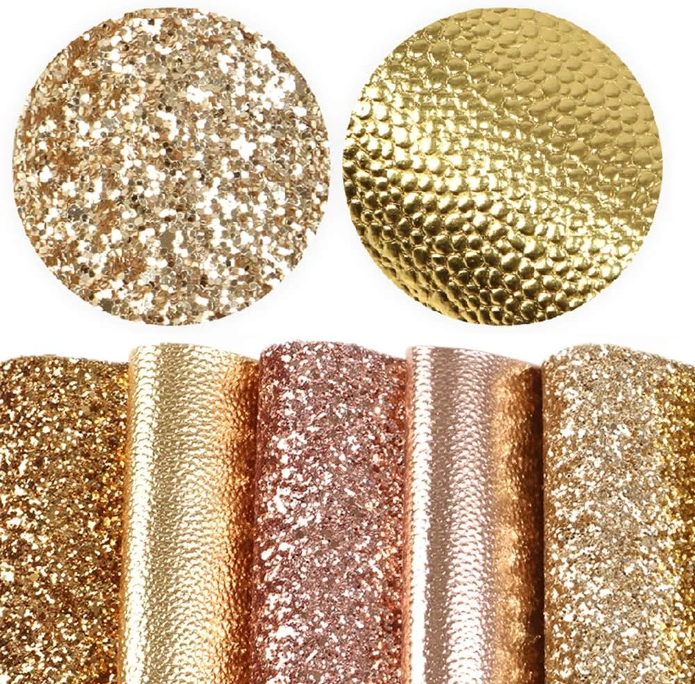 ورق های چرم مصنوعی اکلیلی درشت David accessories با طرح بافت دانه فلزی، مناسب برای صنایع دستی، 5 عدد، 20 سانتی متر در 33 سانتی متر، برای ساخت گیره و پاپیون های DIY (سری طلایی)