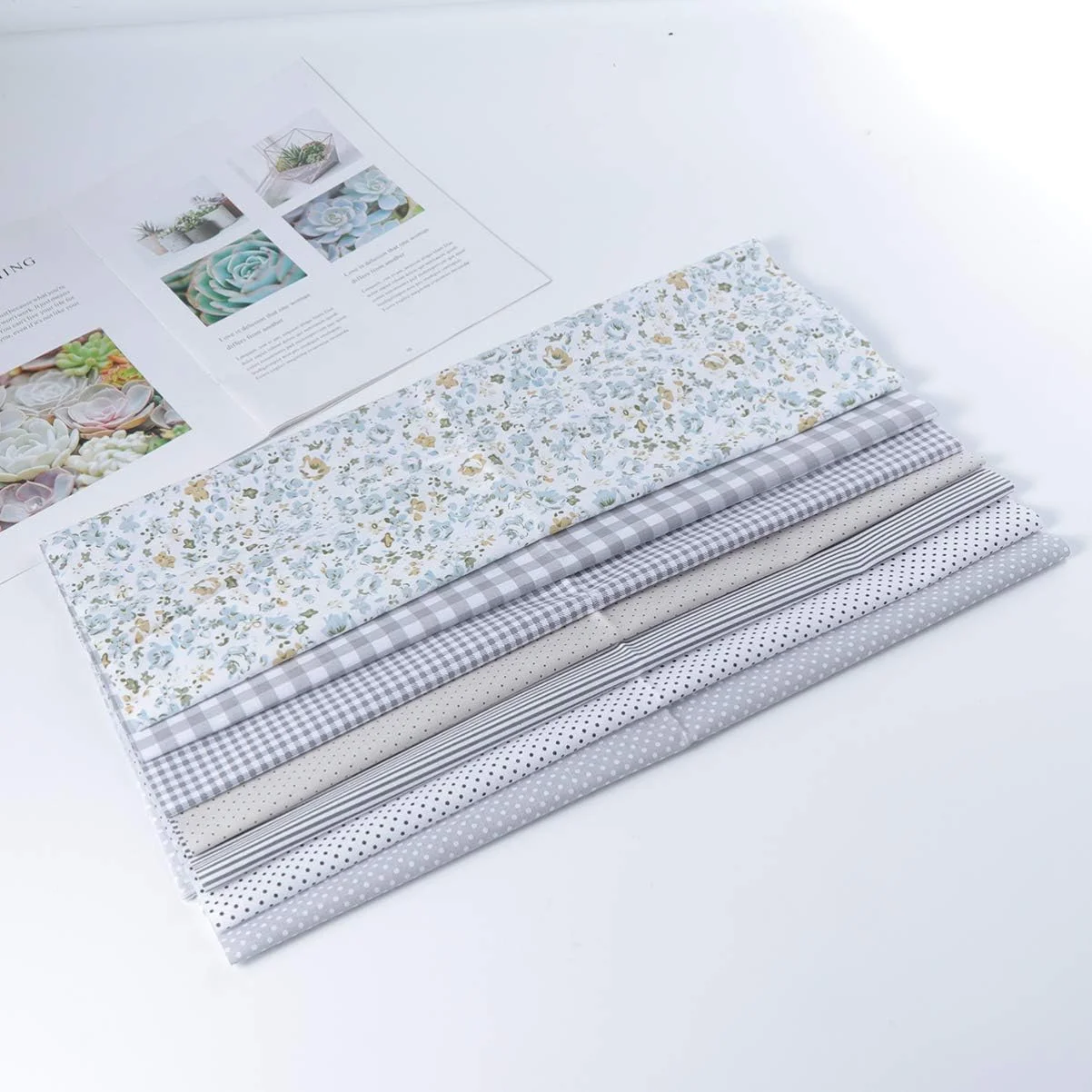 HFAOHO 7 تکه پارچه مربعی طرح گل، پارچه پنبه ای تکه دوزی، کاردستی DIY، خیاطی، اسکرپ بوک، لحاف دوزی (خاکستری) 50x50 سانتی متر