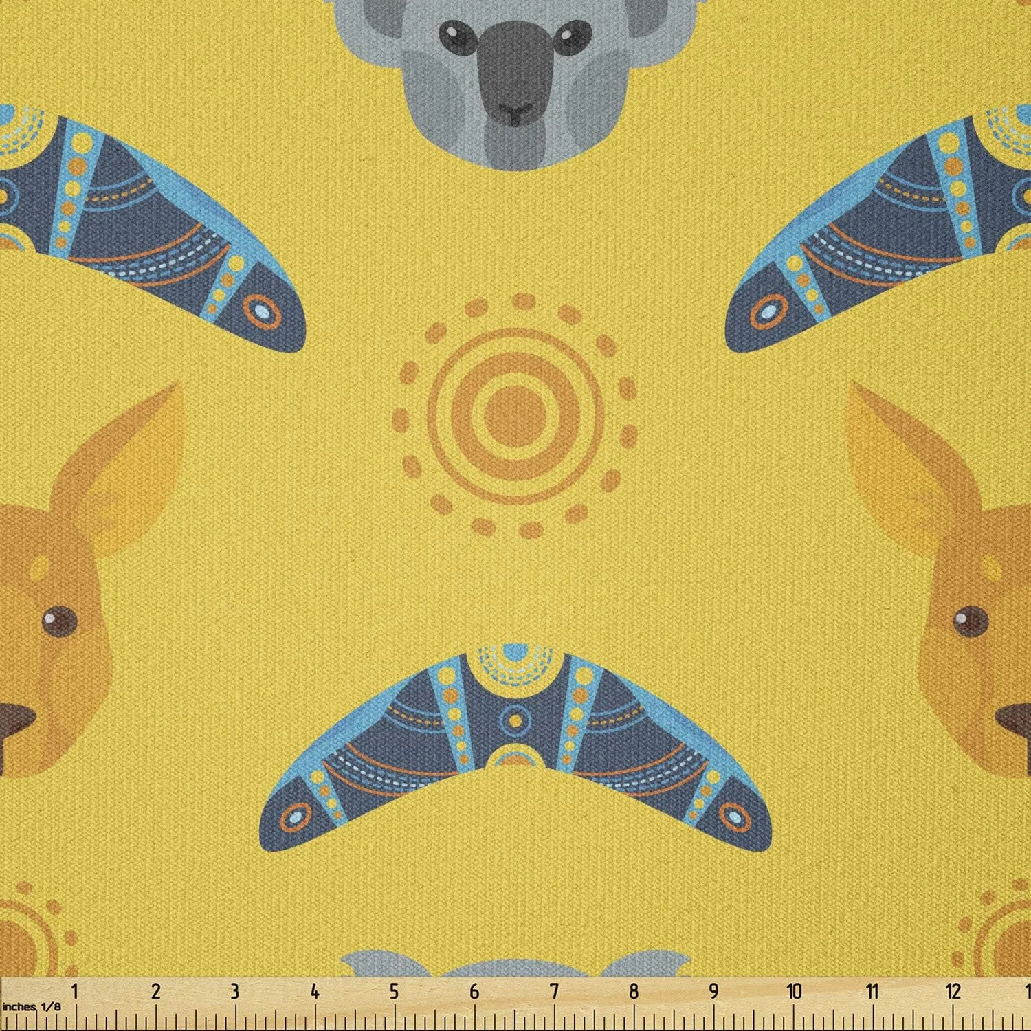 پارچه کانگورو Ambesonne متری، طرح بومیان استرالیا بومرنگ و حیوان خرس کوآلا، پارچه کشباف برای خیاطی لباس و هنرهای دستی، 1 یارد، خردلی آبی