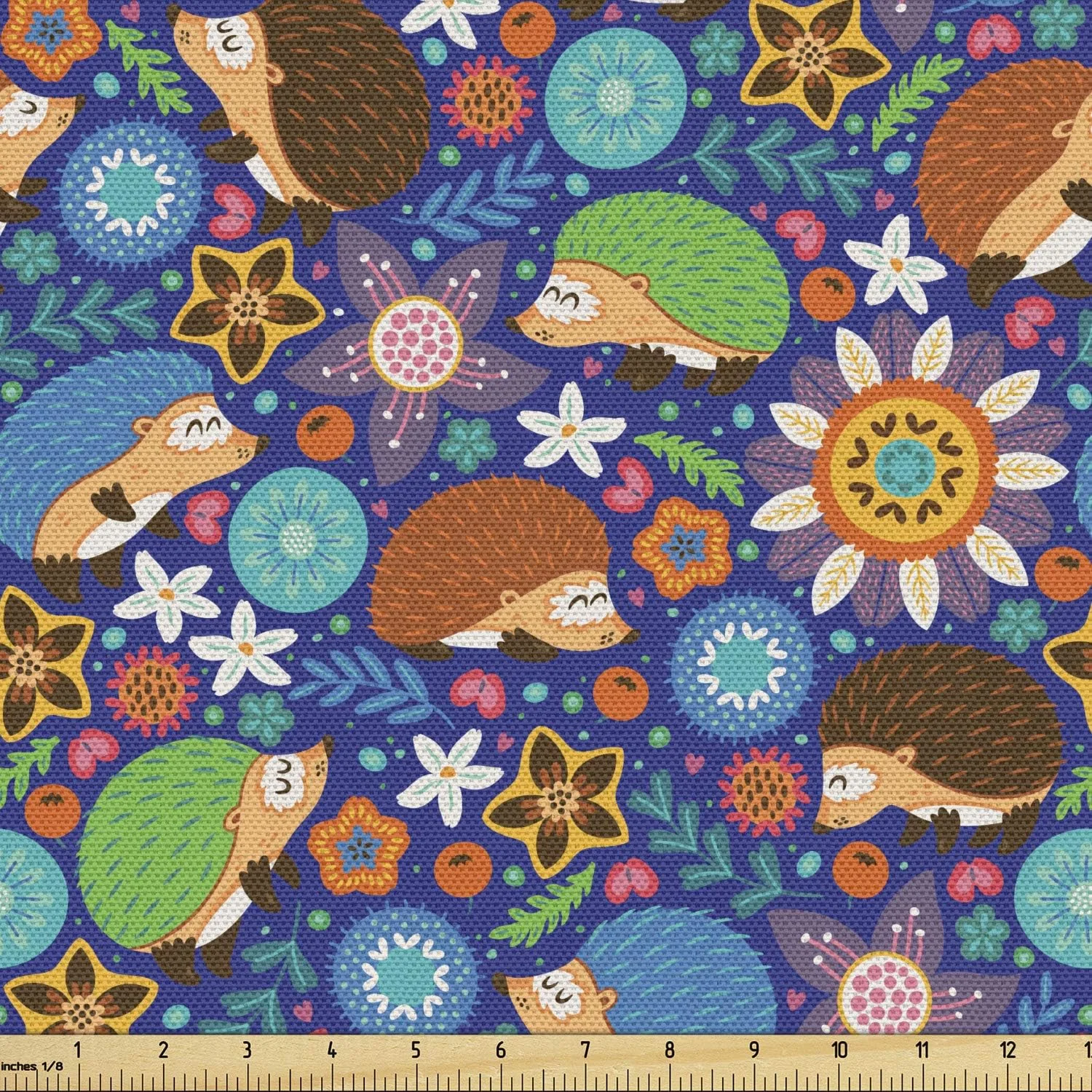 پارچه طرح‌دار Lunarable، طرح جوجه‌تیغی‌های کارتونی در جنگل فانتزی با گل‌ها، شاخه‌ها و برگ‌ها، پارچه تزئینی برای روکش و لوازم منزل، 3 یارد، آبی نارنجی