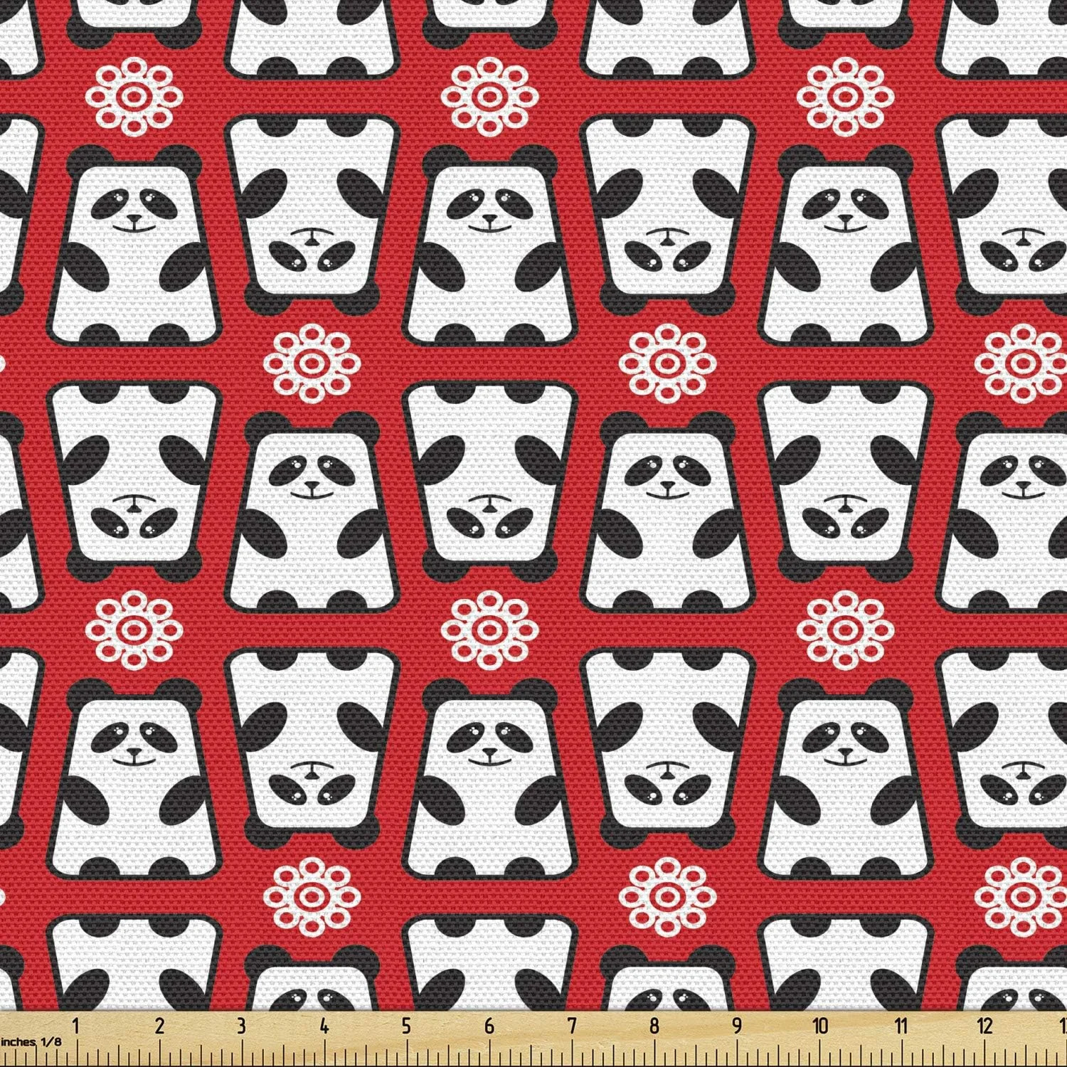 پارچه پاندا Lunarable متری، خرس های چینی بومی انتزاعی با گل، شخصیت های کارتونی با طراحی مینیمال، پارچه تزئینی برای روکش و لوازم منزل، 3 یارد، سفید مشکی