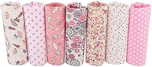 پارچه نخی صورتی 7 تکه 50x50 سانتی متری، بسته مربعی پارچه ای برای خیاطی، تکه دوزی و صنایع دستی DIY