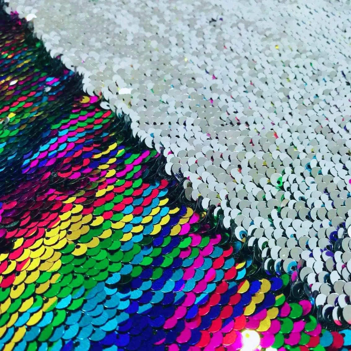DUOBAO Rainbow to Silver Sewing Fabric by The Yard 4 Yards Drop Cloth Party Mermaid Fantastic Hologram Big Sequin Mesh Fabric Sequin Material Fabric Double Sequin Fabric