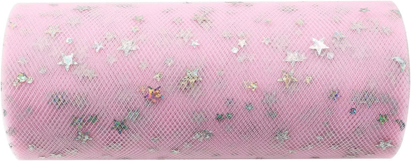رول تور اکلیلی ۱۰ یاردی Ruiwaer با طرح ستاره صورتی، عرض ۱۵ سانتیمتر، مناسب برای کارهای دستی مانند پاپیون، دامن یا بسته بندی هدیه