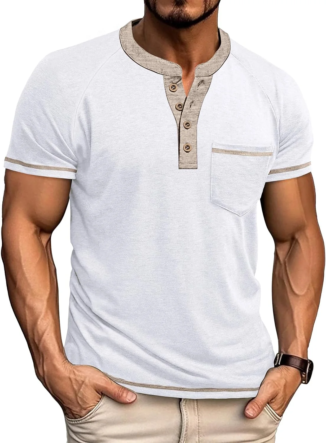 تی شرت مردانه یقه دیپلمات هنلی، آستین کوتاه/بلند، مدل جذب، دکمه دار، بدون یقه