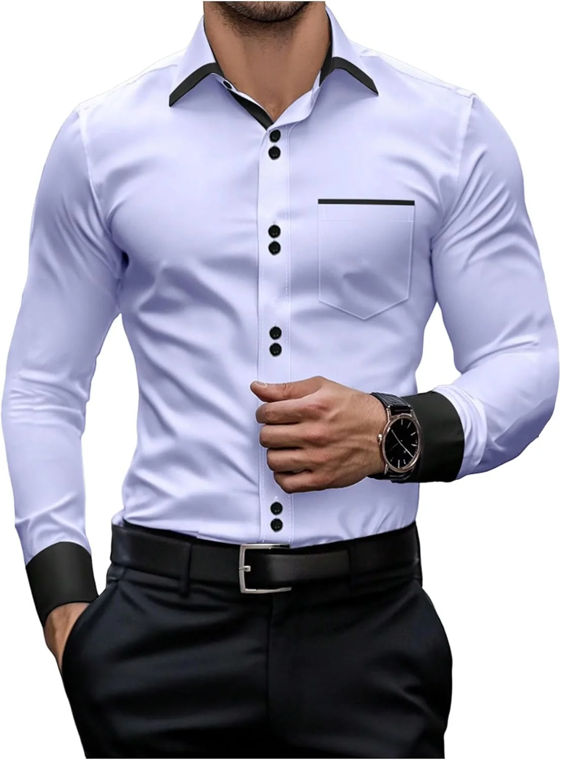 پیراهن مردانه آستین بلند دکمه دار GORGLITTER، یقه دار، با حاشیه متضاد، مناسب برای محیط کار
