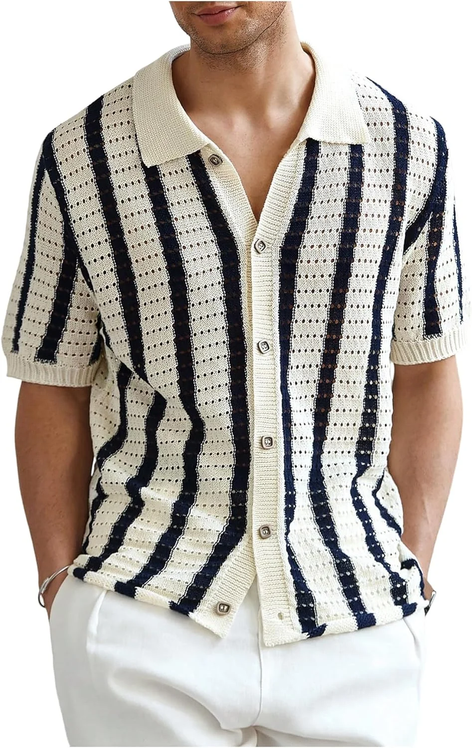 پیراهن مردانه گورگلیتر بافت راه راه، آستین کوتاه و دکمه دار