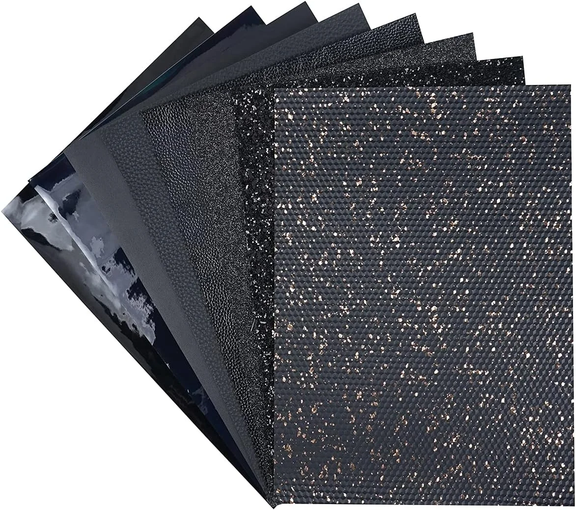 8 تکه ورق چرم مصنوعی 20x30 سانتی متر مشکی اکلیلی درشت، متالیک، طرح لیچی، ورنی، هولوگرافیک، بافت پوست برجسته برای ساخت پاپیون و گوشواره