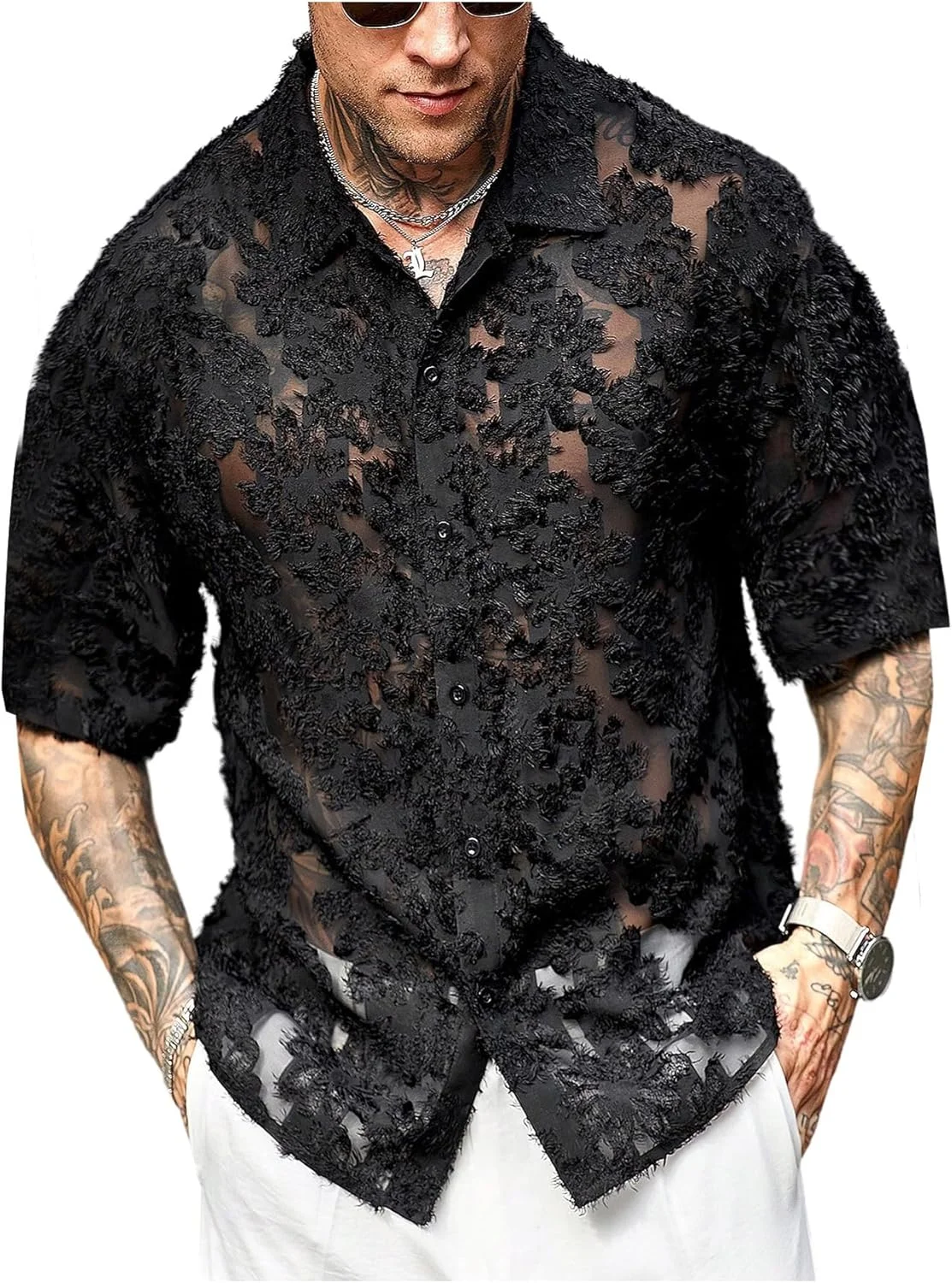 پیراهن مردانه توری شفاف و فازی GORGLITTER آستین کوتاه دکمه دار یقه دار مناسب مهمانی و پارتی