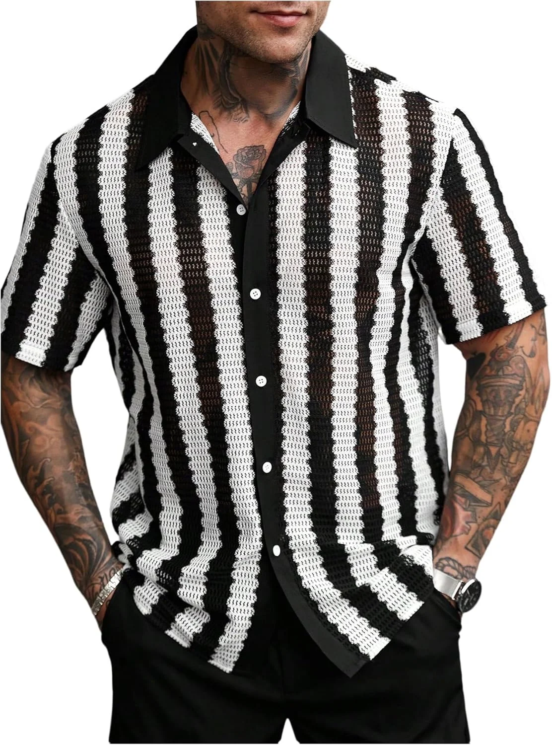 پیراهن مردانه گورگلیتر، بافت راه راه، دکمه دار، یقه دار، آستین کوتاه، مدل کژوال