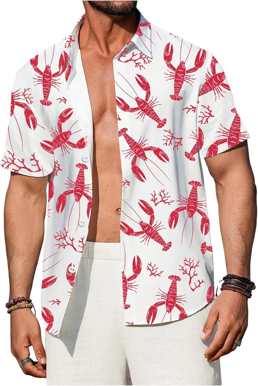 پیراهن مردانه هاوایی GORGLITTER با طرح خرچنگ، آستین کوتاه، یقه دار و دکمه دار مناسب ساحل