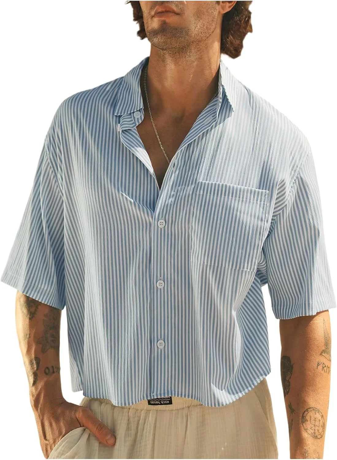 پیراهن مردانه هاوایی ساحلی GORGLITTER، راه راه، دکمه دار، آستین کوتاه، یقه دار، نیم تنه