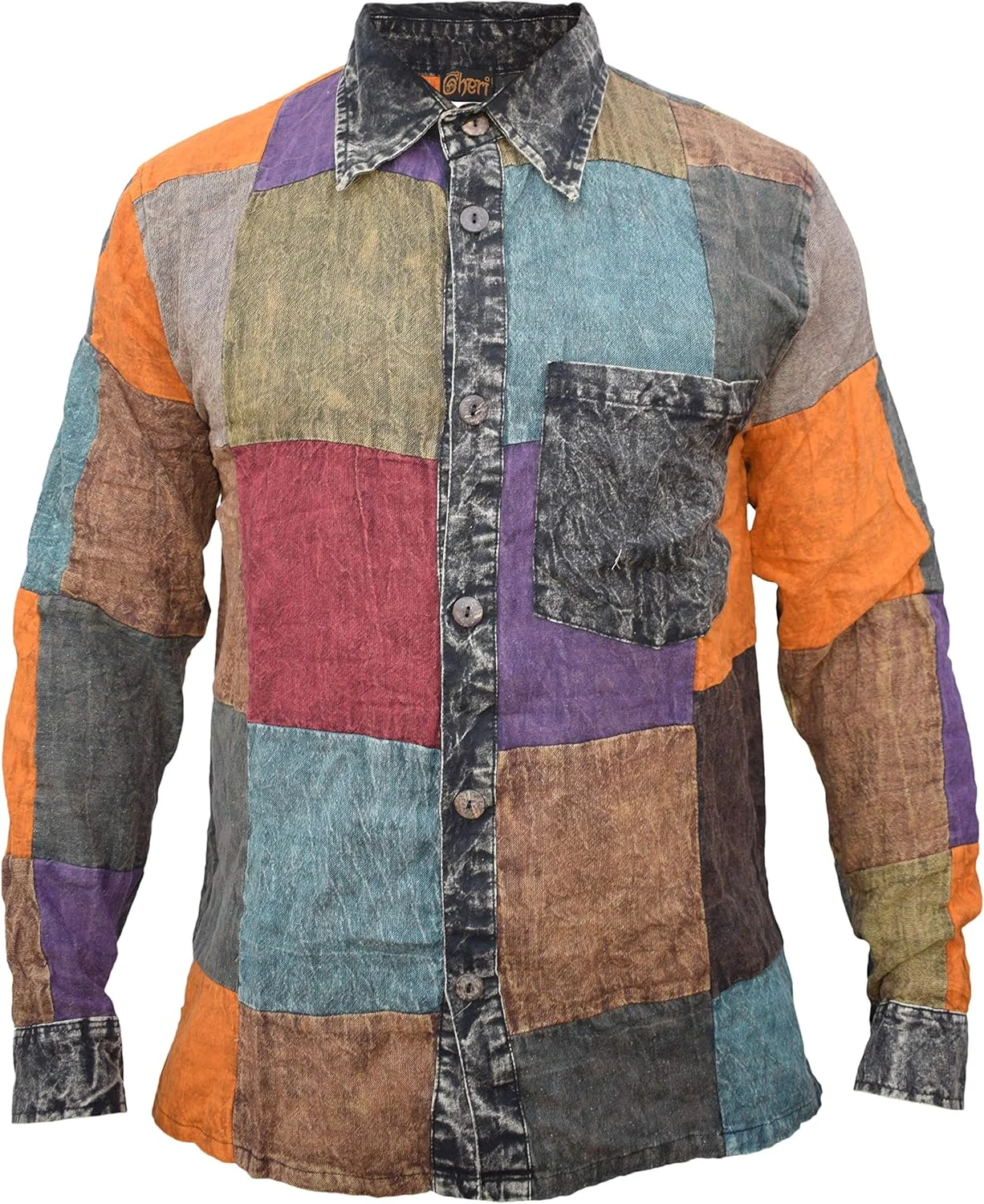 پیراهن مردانه آستین بلند دکمه دار طرح تکه دوزی یقه هیپی گهری