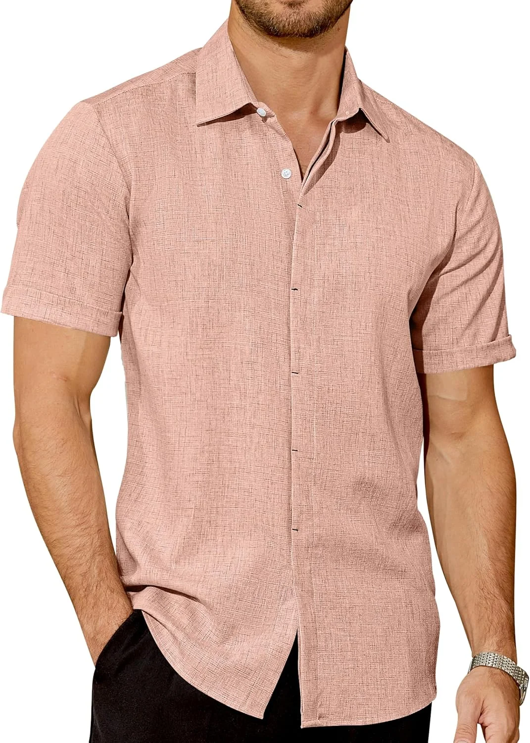 پیراهن مردانه آستین کوتاه خاکستری GIANZEN با دکمه و بافت کتان، مناسب برای تابستان، غیر رسمی، با دکمه، برش معمولی، مناسب برای تعطیلات ساحلی