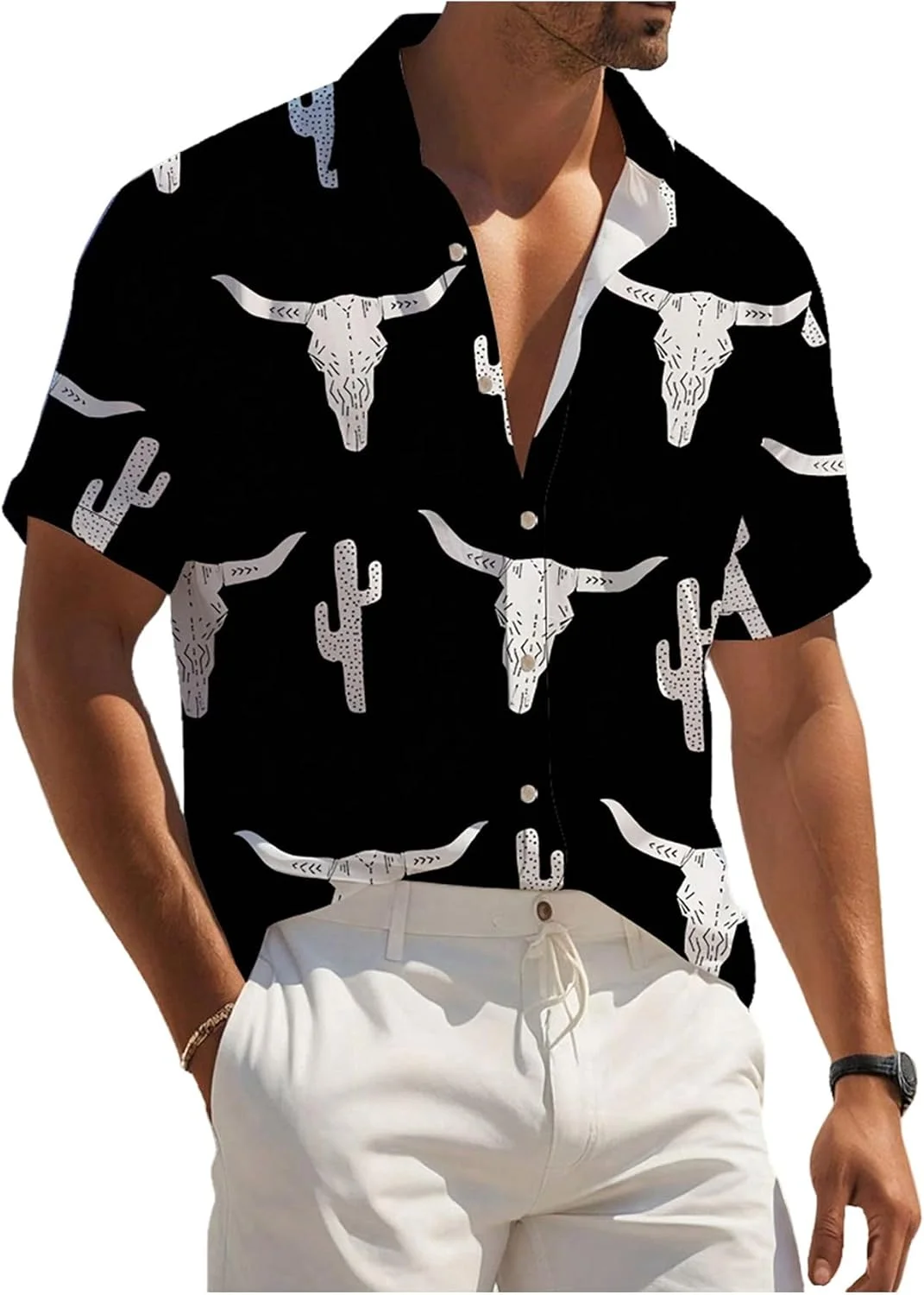 پیراهن آستین کوتاه مردانه GORGLITTER با طرح حیوانات و دکمه‌دار، مدل هاوایی