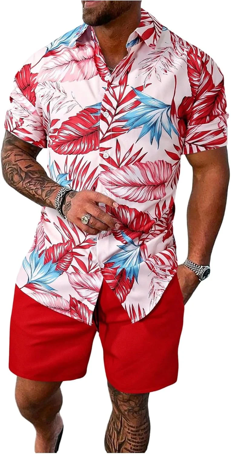 ست مردانه دو تکه GORGLITTER شامل پیراهن آستین کوتاه یقه دار دکمه دار با طرح چاپی و شورت گرمسیری بند دار چند رنگ سایز M