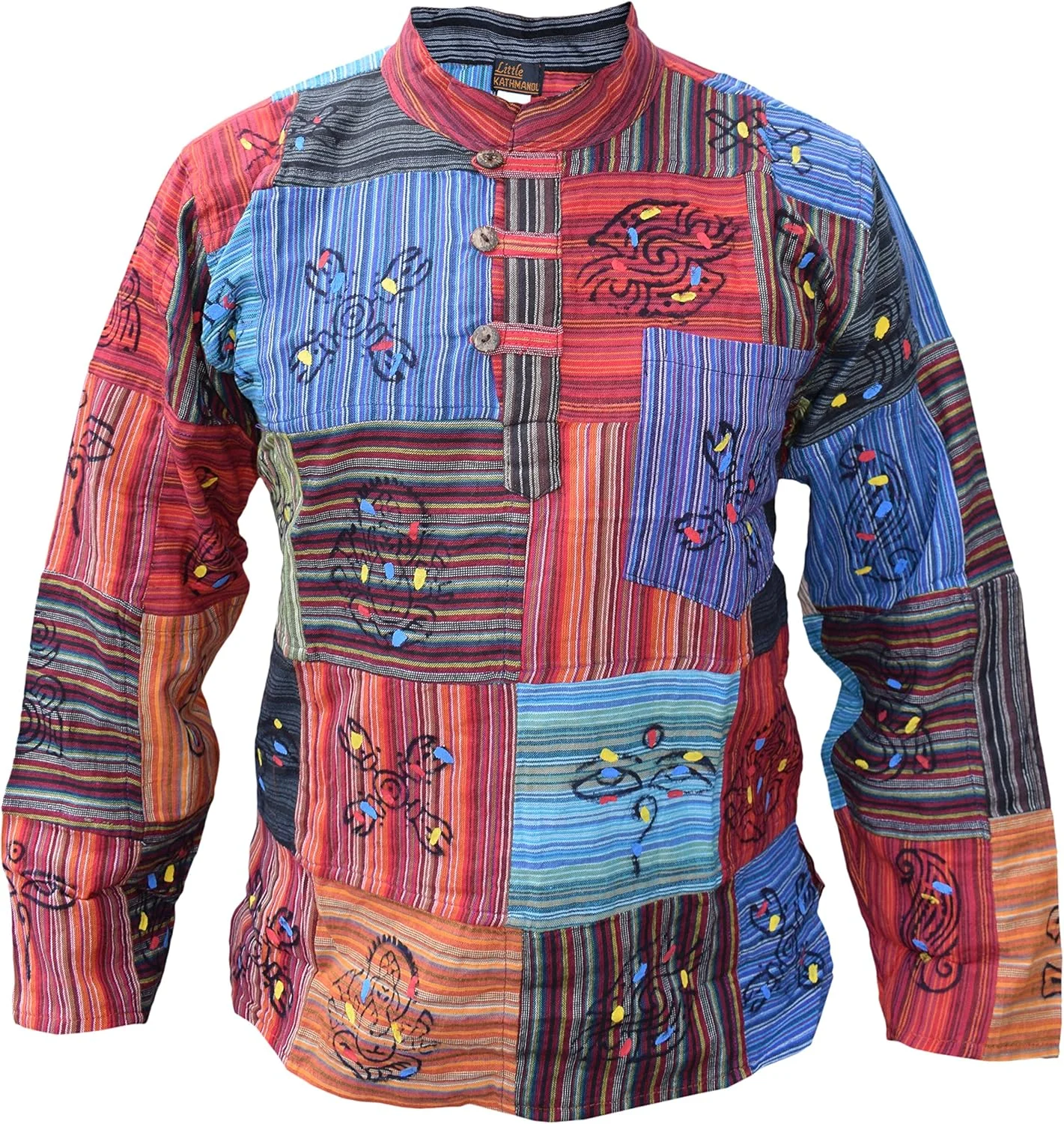 پیراهن مردانه طرح تکه دوزی، هیپی، یقه دیپلمات، با طرح نمادها، غیر سنگ شور شده، سایز 4XL