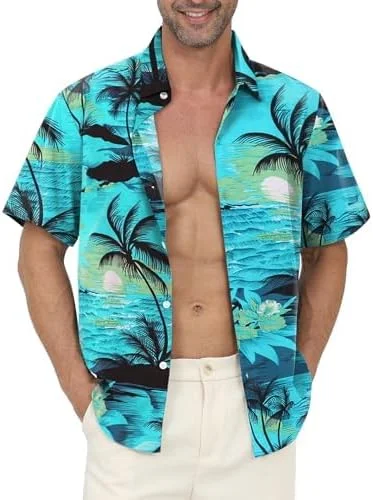 پیراهن مردانه هاوایی گاویلیو، پیراهن آستین کوتاه گلدار غیر رسمی، ساحل سبز - بدون جیب، 4XL
