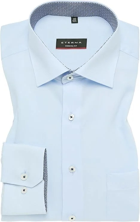 پیراهن آستین بلند مدرن فیت ETERNA، آبی روشن ساده، بدون نیاز به اتو، سایز 43، قد 65 سانتی متر