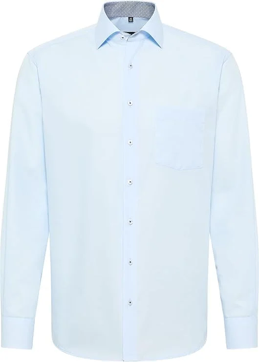 پیراهن آستین بلند مدرن فیت ETERNA، آبی روشن ساده، بدون نیاز به اتو، سایز 43، قد 65 سانتی متر