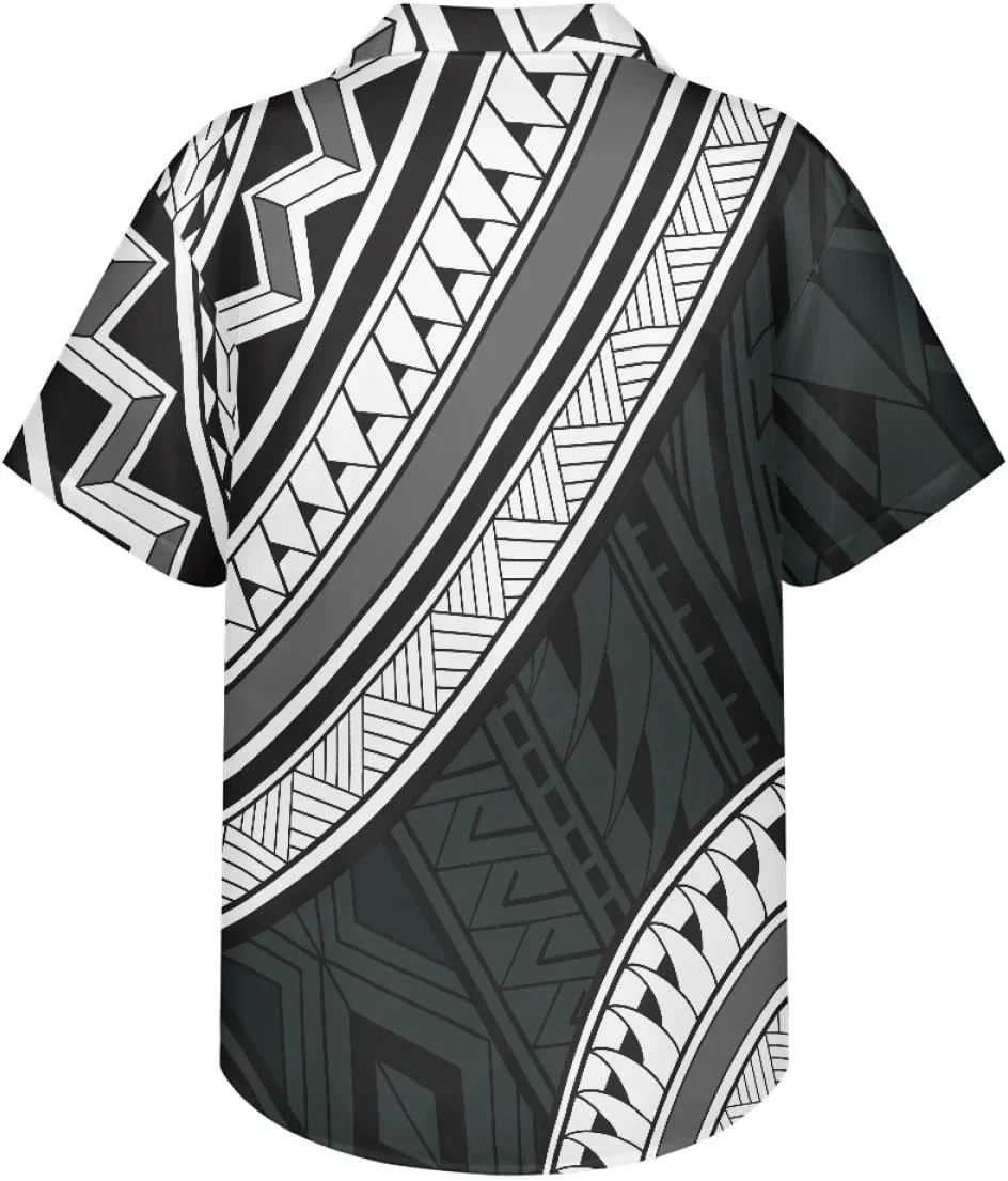پیراهن مردانه آستین کوتاه طرح هاوایی دکمه دار با طرح قبیله ای پلینزی