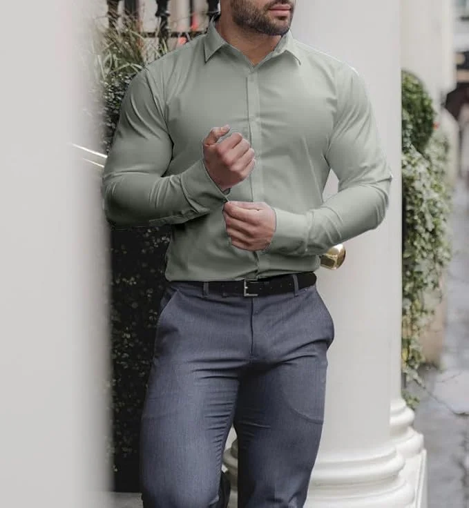 پیراهن مردانه EOUOSS، آستین بلند، کشی، جذب، مناسب استایل کژوال و رسمی