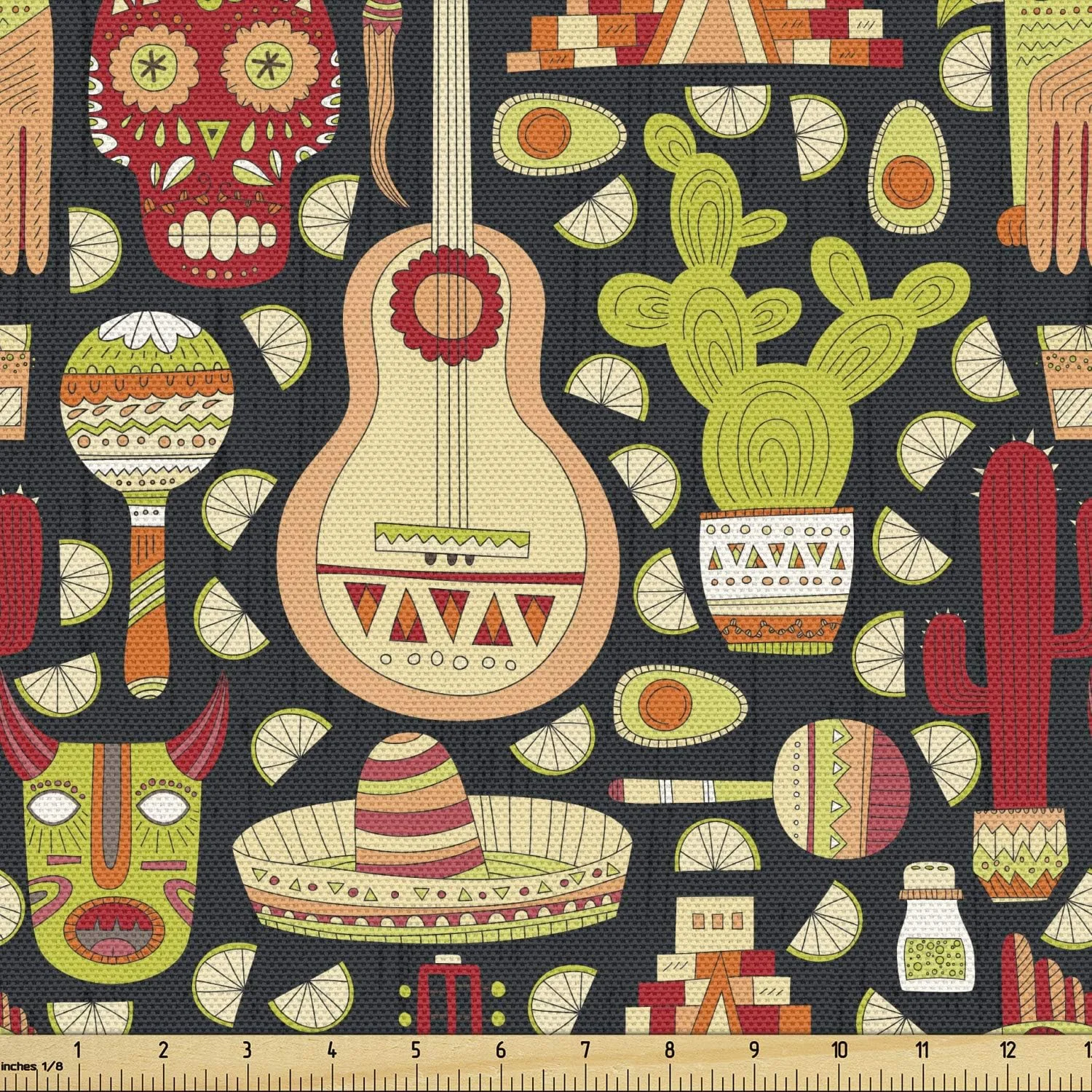 Lunarable Cinco De Mayo Fabric by The Yard, Doodle Mexican Culture Elements as Tequila Taco Aztec Skull and Sombrero, Decorative Fabric for Upholstery and Home Accents, 2 Yards, Pink Green