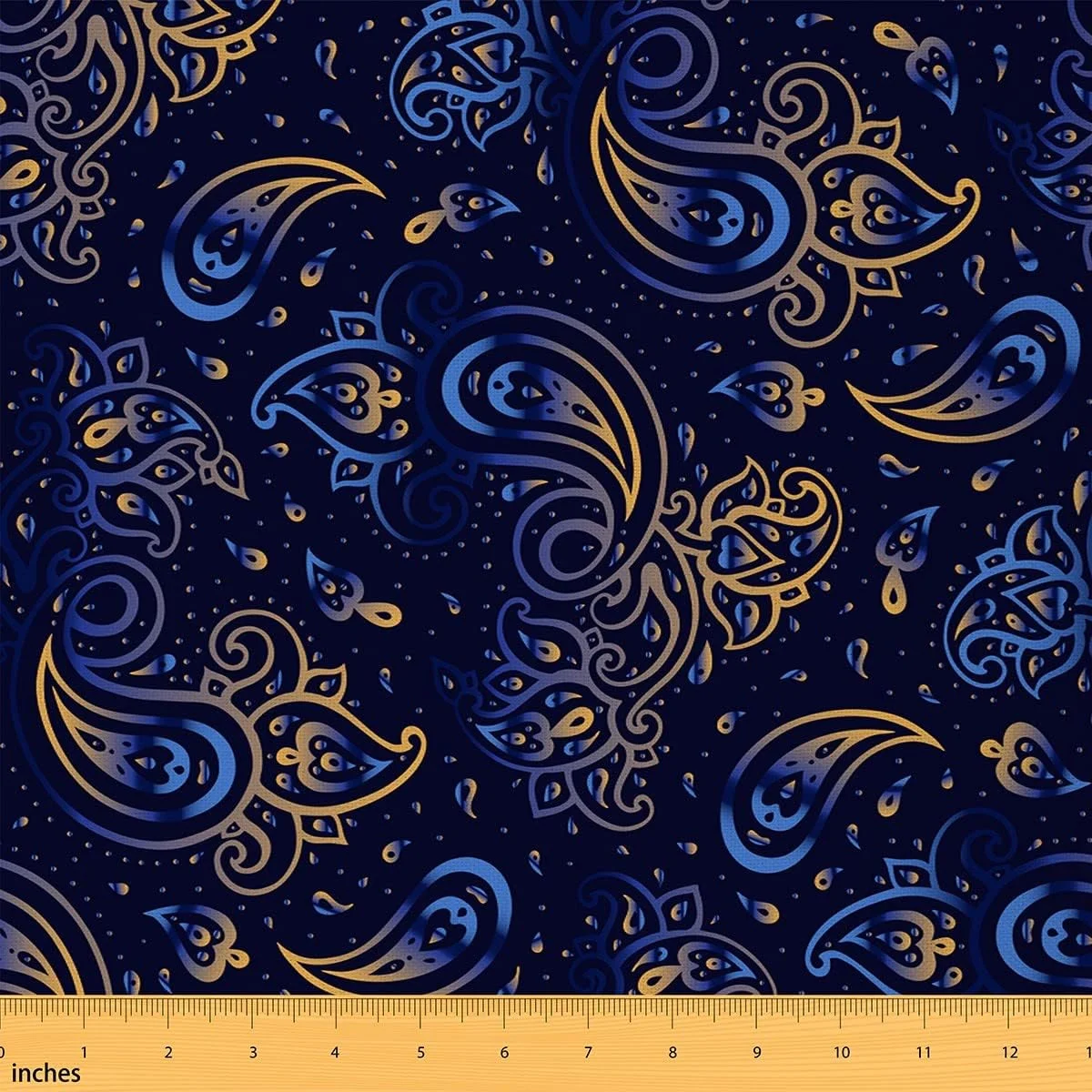 Paisley Floral Fabric by The Yard Ombre Blue Golden Exotic Flower Craft Hobby Fabric for Kids Teens Boho Mandala Flowers DIY Sewing Fabric for Sofa Chair Kids Room Decor,1 Yard