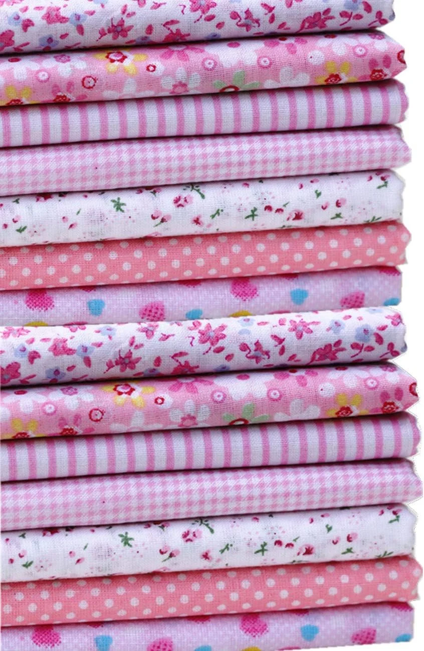 بسته پارچه های مربعی نخی 14 تکه Miss Craft MSCFTFB با 7 طرح مختلف، تکه پارچه های از پیش برش خورده برای لحاف دوزی، تکه دوزی، ساخت لباس عروسک (صورتی پاستیلی)