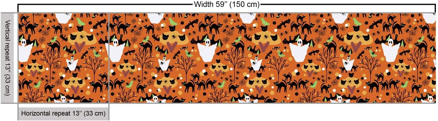 پارچه هالووین Ambesonne متری، طرح کارتونی شبح وار گربه ها، خفاش ها، عنکبوت ها و درختان، پارچه تزئینی برای روکش و تزئینات منزل، 1 یارد، نارنجی قهوه ای