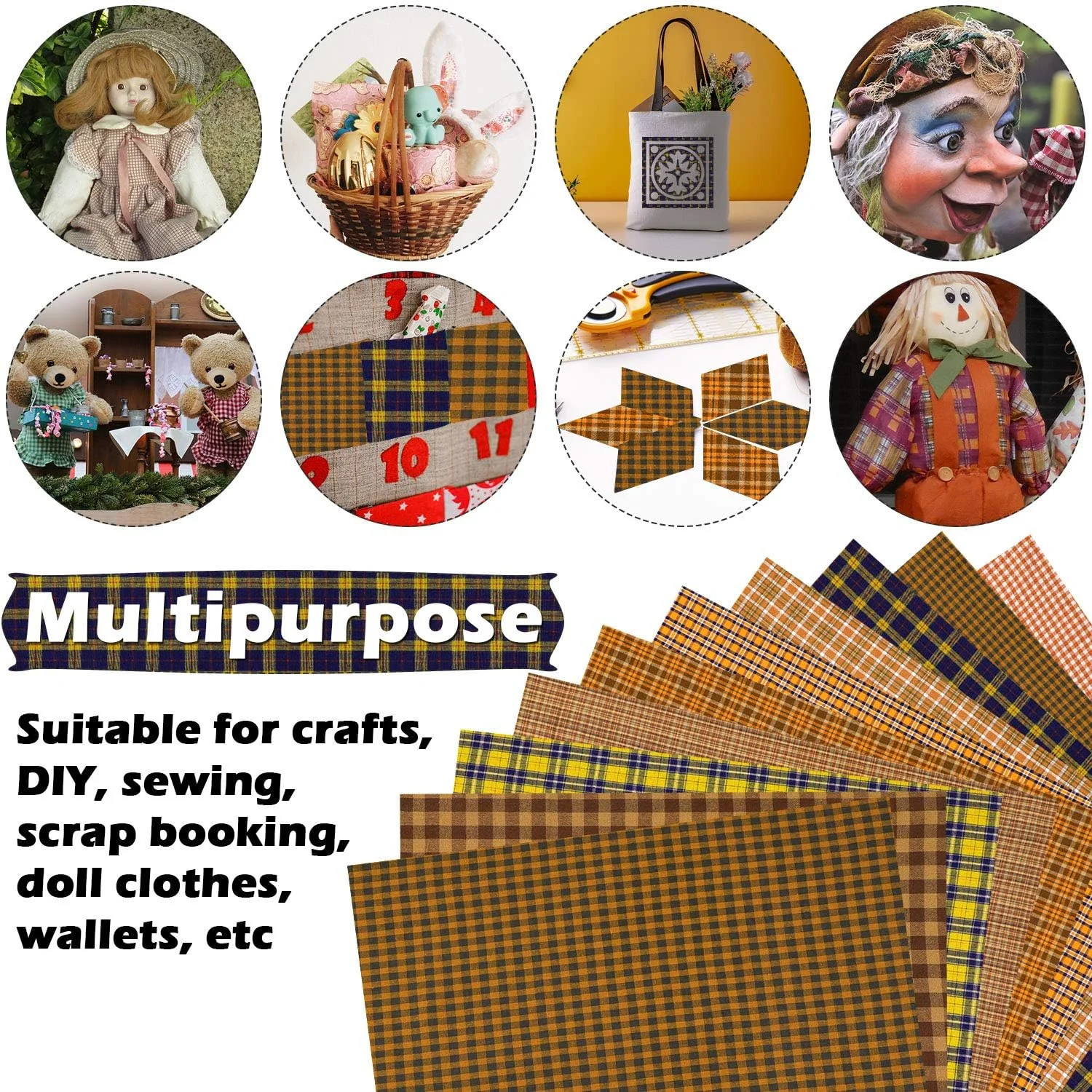 Tatuo 10 Pieces Fabric 18 x 22 Inch Precut Homespun Fabric Squares Autumn Thanksgiving Fabric Square Bundle Plaid Fabric for Scrapbooking Cloth Sewing Handmade Bag DIY Craft, 10 Styles