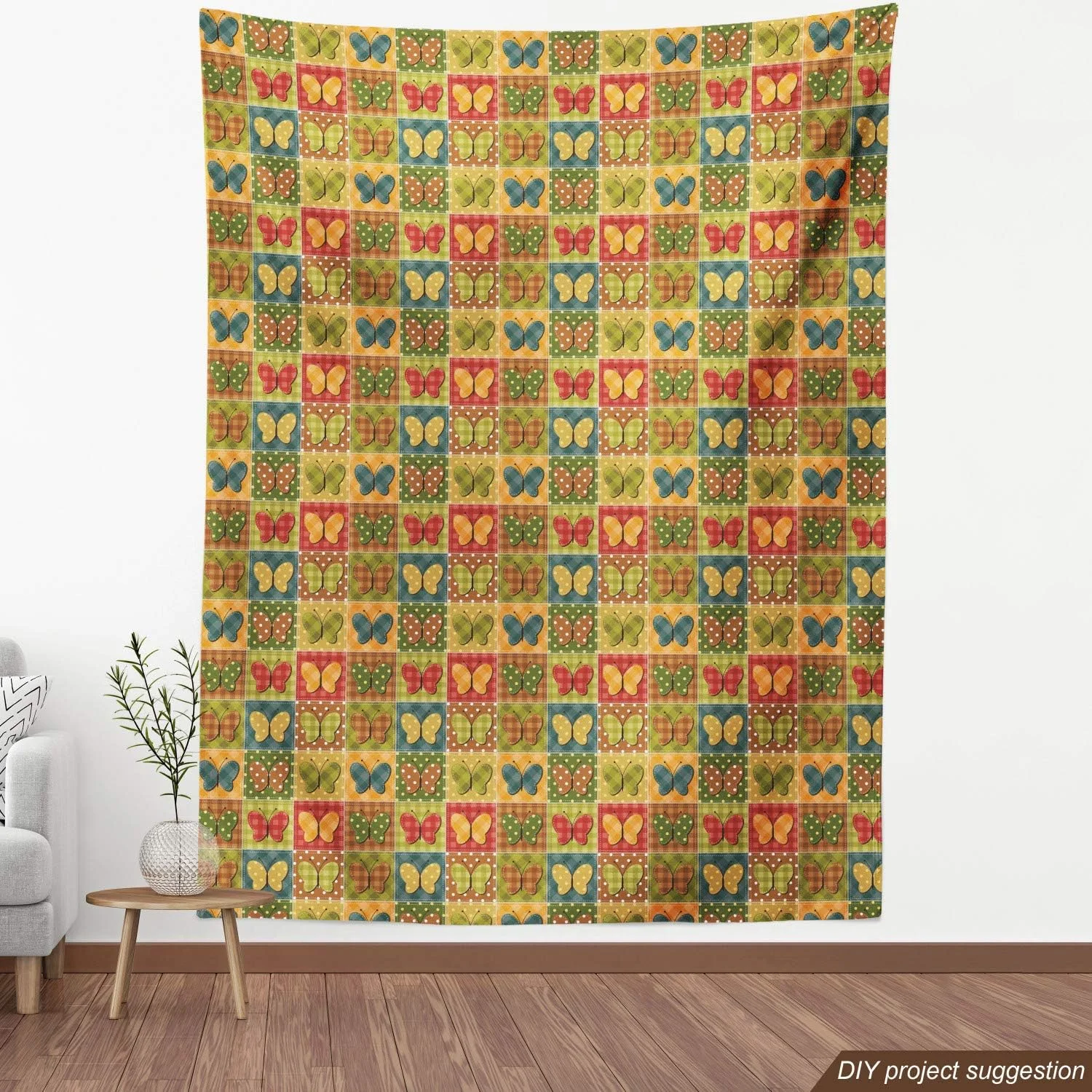پارچه کابین Lunarable متری، طرح تکه دوزی چهارخانه نقطه دار با تصویر پروانه ها با تم خیاطی به سبک رترو، پارچه تزئینی برای روکش مبلمان و لوازم منزل، 3 یارد، قهوه ای سبز