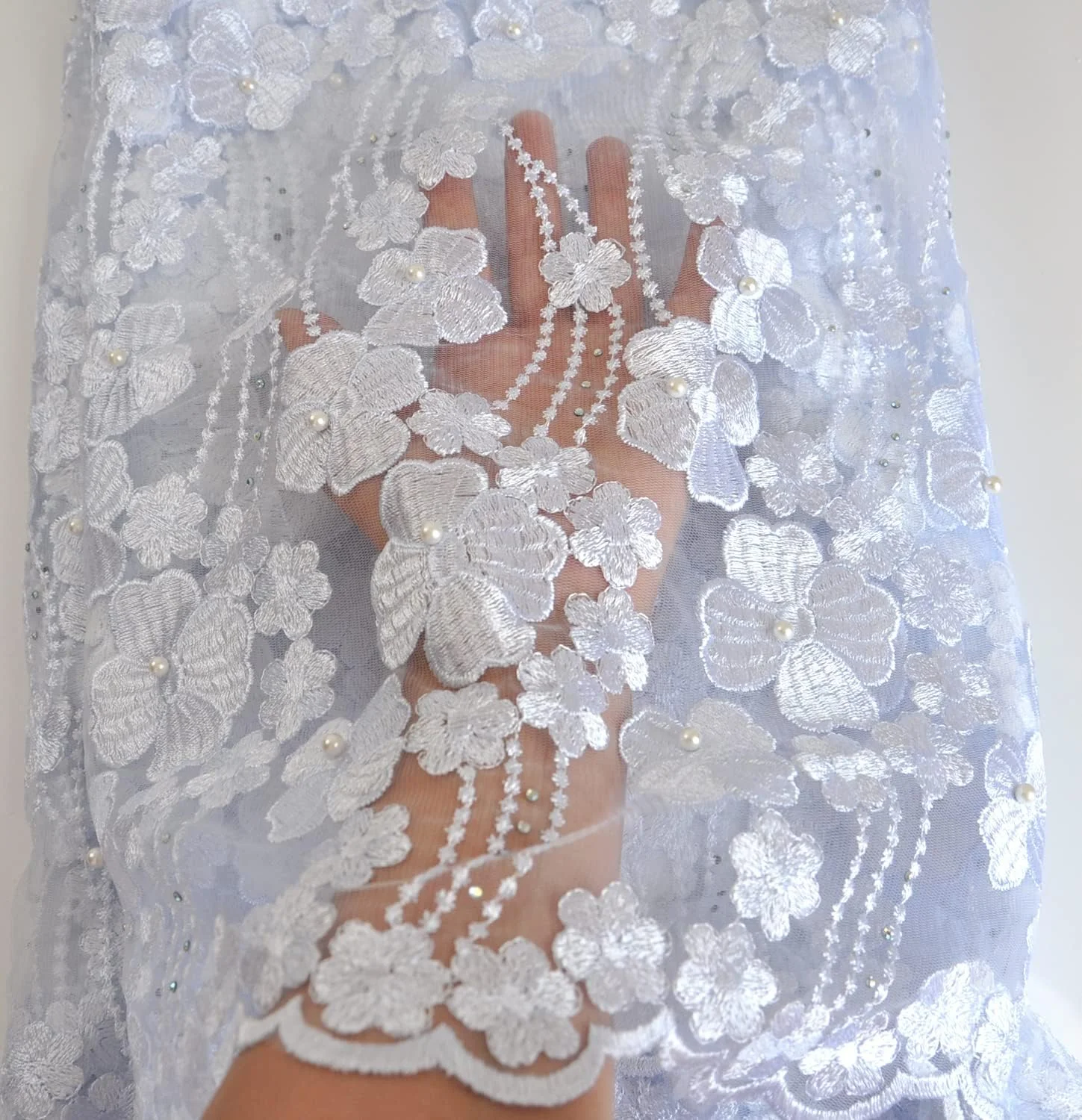 پارچه توری آفریقایی سنگ دوزی شده SanVera17 مناسب مجالس و عروسی (سفید مایل به آبی) 5 یارد