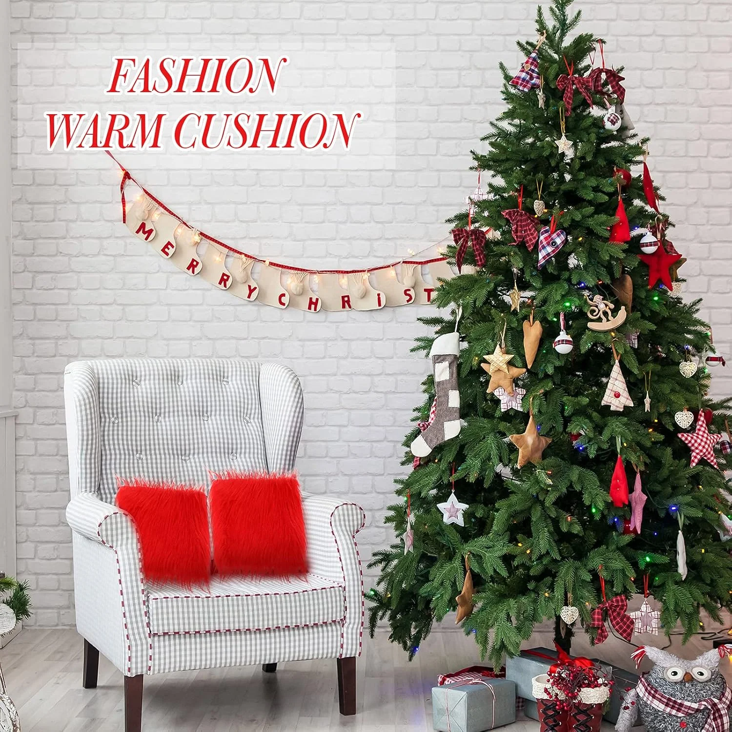 تاتوئو 4 تکه پارچه مربعی خز روباه مصنوعی، تکه های خز کرکی، روکش صندلی، پد کوسن نشیمن برای کاردستی DIY (قرمز، 25x25 سانتی متر)