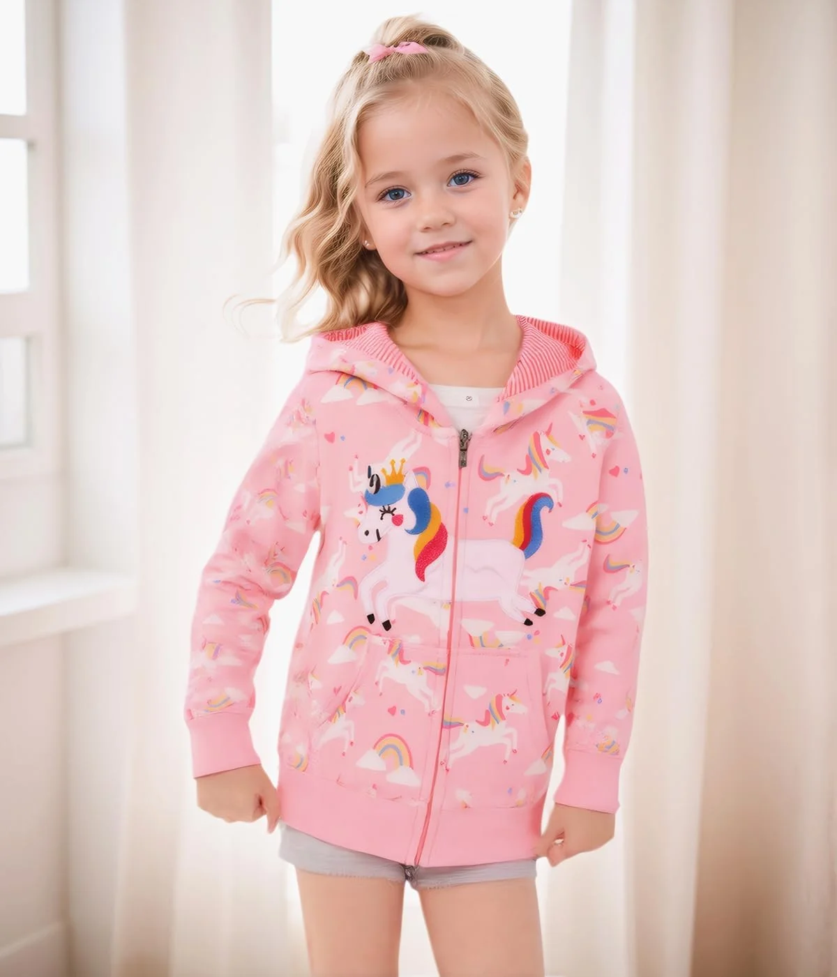 ژاکت هودی زیپ دار دخترانه طرح تک شاخ رنگین کمانی مناسب کودکان 2 تا 7 سال