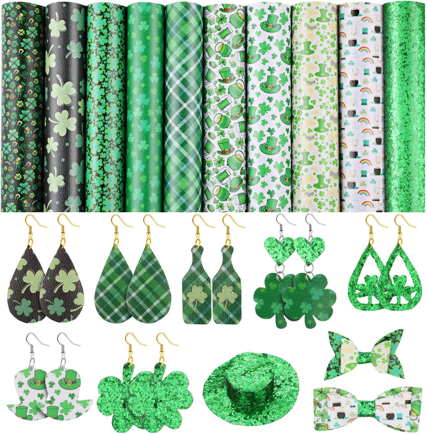 بوائو 10 تکه چرم مصنوعی طرح روز سنت پاتریک، پارچه چرمی شبدر، پارچه پولکی اکلیلی، ورق چرم مصنوعی برای ساخت پاپیون، گوشواره و کاردستی، 20 × 26 سانتی متر