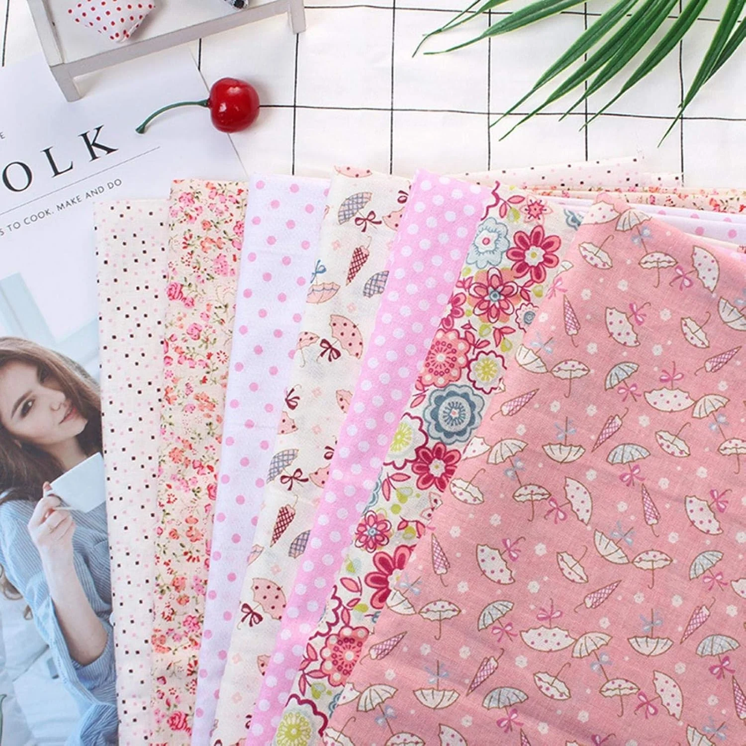 پارچه نخی مربعی، پارچه نخی DIY، پارچه خیاطی، مربع های لحاف دوزی، 7 تکه پارچه نخی گلدار صورتی مربعی لحاف دوزی خیاطی از پیش برش خورده DIY برای تکه دوزی صنایع دستی (25 * 25 سانتی متر)