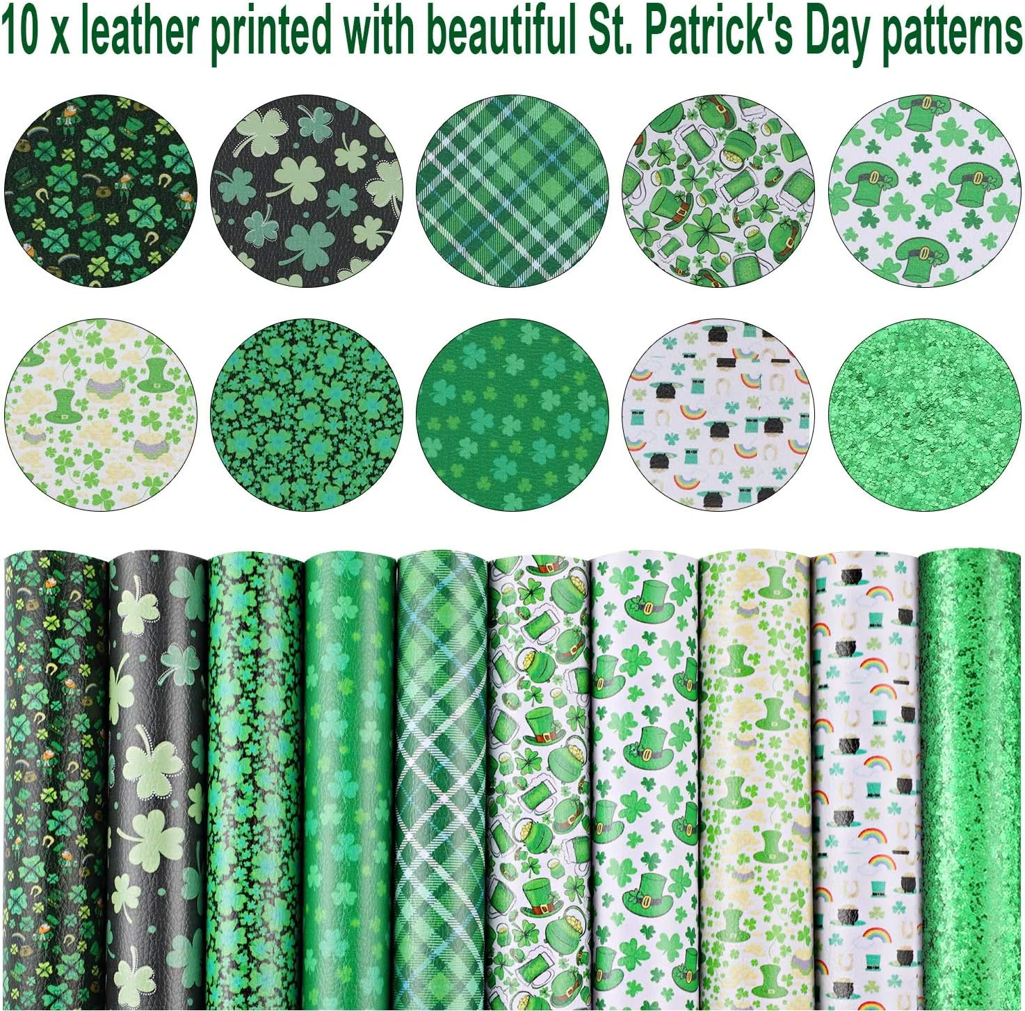 بوائو 10 تکه چرم مصنوعی طرح روز سنت پاتریک، پارچه چرمی شبدر، پارچه پولکی اکلیلی، ورق چرم مصنوعی برای ساخت پاپیون، گوشواره و کاردستی، 20 × 26 سانتی متر