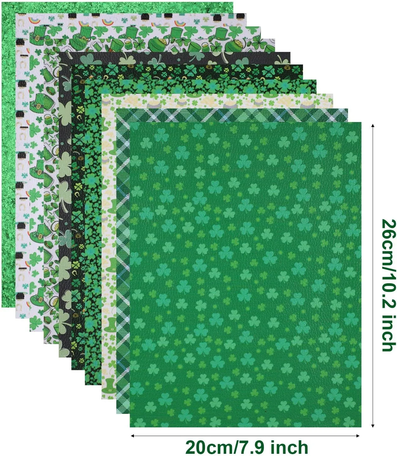 بوائو 10 تکه چرم مصنوعی طرح روز سنت پاتریک، پارچه چرمی شبدر، پارچه پولکی اکلیلی، ورق چرم مصنوعی برای ساخت پاپیون، گوشواره و کاردستی، 20 × 26 سانتی متر