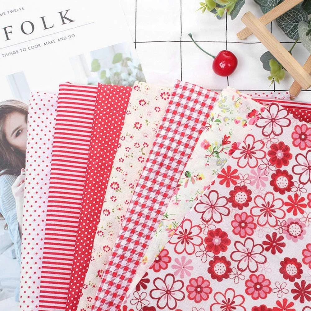 7 تکه پارچه نخی DIY تکه دوزی مربعی لحافی، پارچه از پیش برش خورده طرح گل قرمز (2525 سانتی متر)