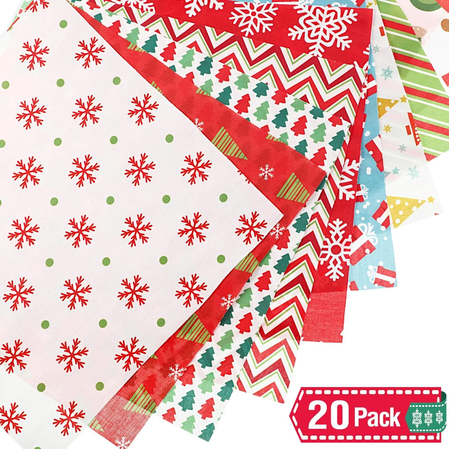 بسته 20 عددی پارچه کریسمس Tatuo، ابعاد 25 در 25 سانتی متر، پارچه های مربعی برای خیاطی، تکه دوزی طرح درخت کریسمس، پارچه های از پیش برش خورده با طرح دانه برف، مناسب برای خیاطی، لحاف دوزی، ساخت لباس کریسمس، پیش بند و کاردستی