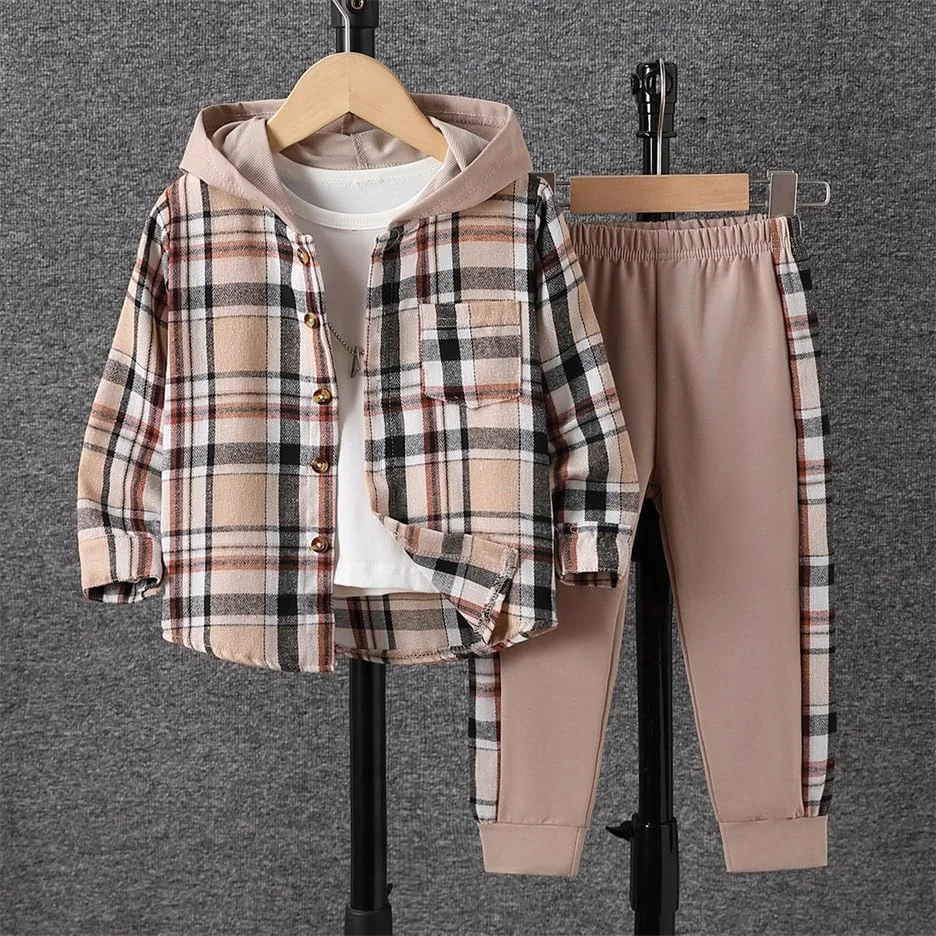 لباس پسرانه بچه گانه طرح چهارخانه آستین بلند هودی و شلوار دو تکه