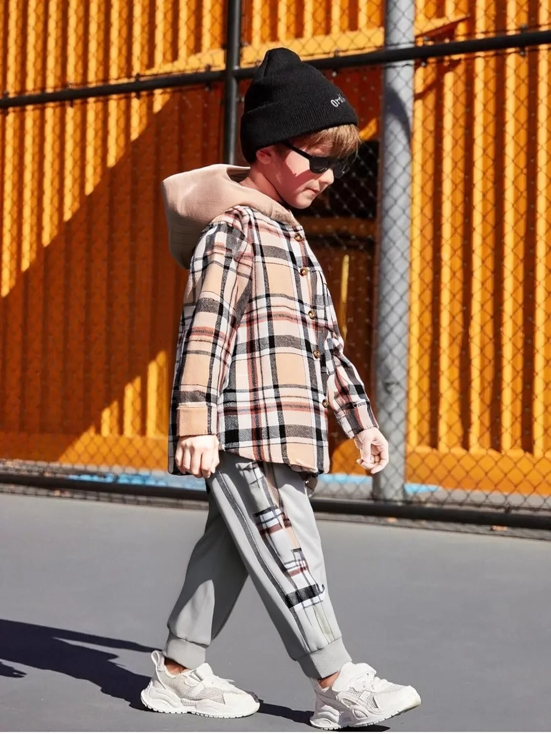 لباس پسرانه بچه گانه طرح چهارخانه آستین بلند هودی و شلوار دو تکه