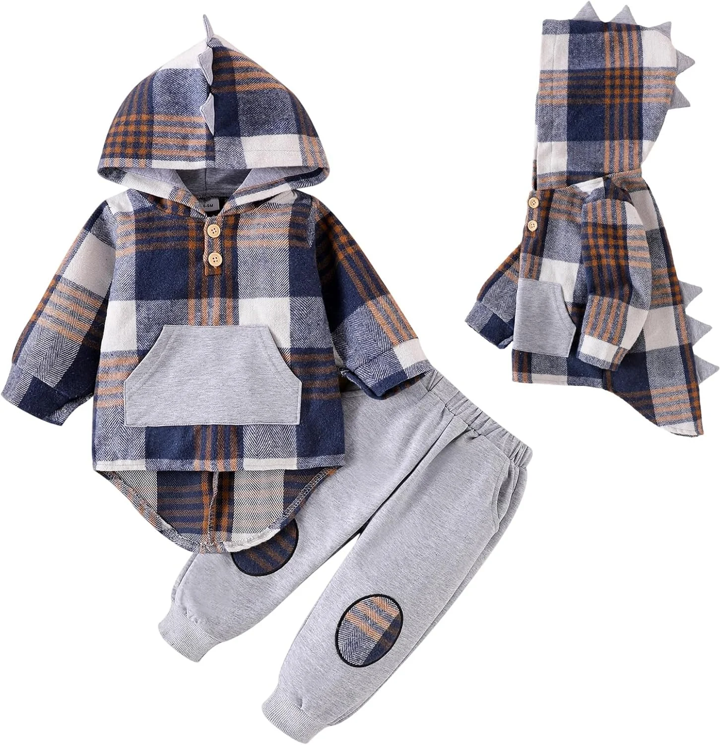 ODIMAME ست لباس پسرانه بچه گانه آستین بلند طرح دایناسور، هودی چهارخانه + شلوار جیب دار، 6 ماه - 4 سال