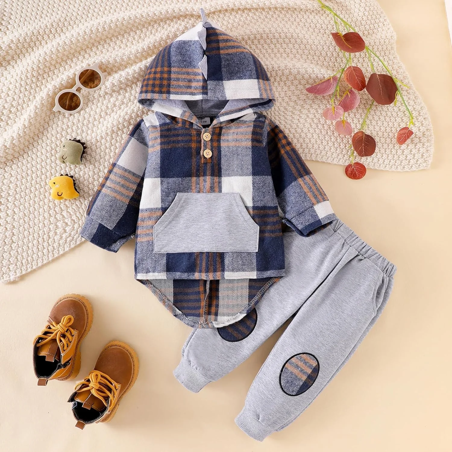 ODIMAME ست لباس پسرانه بچه گانه آستین بلند طرح دایناسور، هودی چهارخانه + شلوار جیب دار، 6 ماه - 4 سال ODIMAME ست لباس پسرانه بچه گانه آستین بلند طرح دایناسور، هودی چهارخانه + شلوار جیب دار، 6 ماه - 4 سال