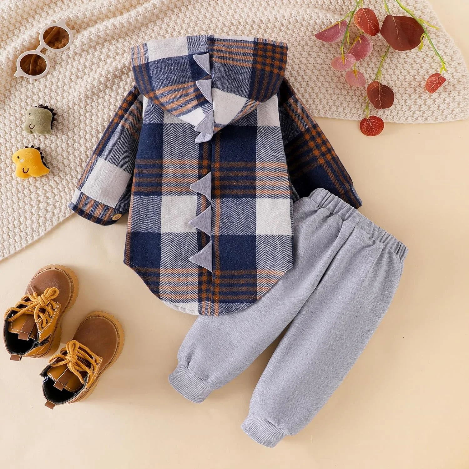 ODIMAME ست لباس پسرانه بچه گانه آستین بلند طرح دایناسور، هودی چهارخانه + شلوار جیب دار، 6 ماه - 4 سال ODIMAME ست لباس پسرانه بچه گانه آستین بلند طرح دایناسور، هودی چهارخانه + شلوار جیب دار، 6 ماه - 4 سال