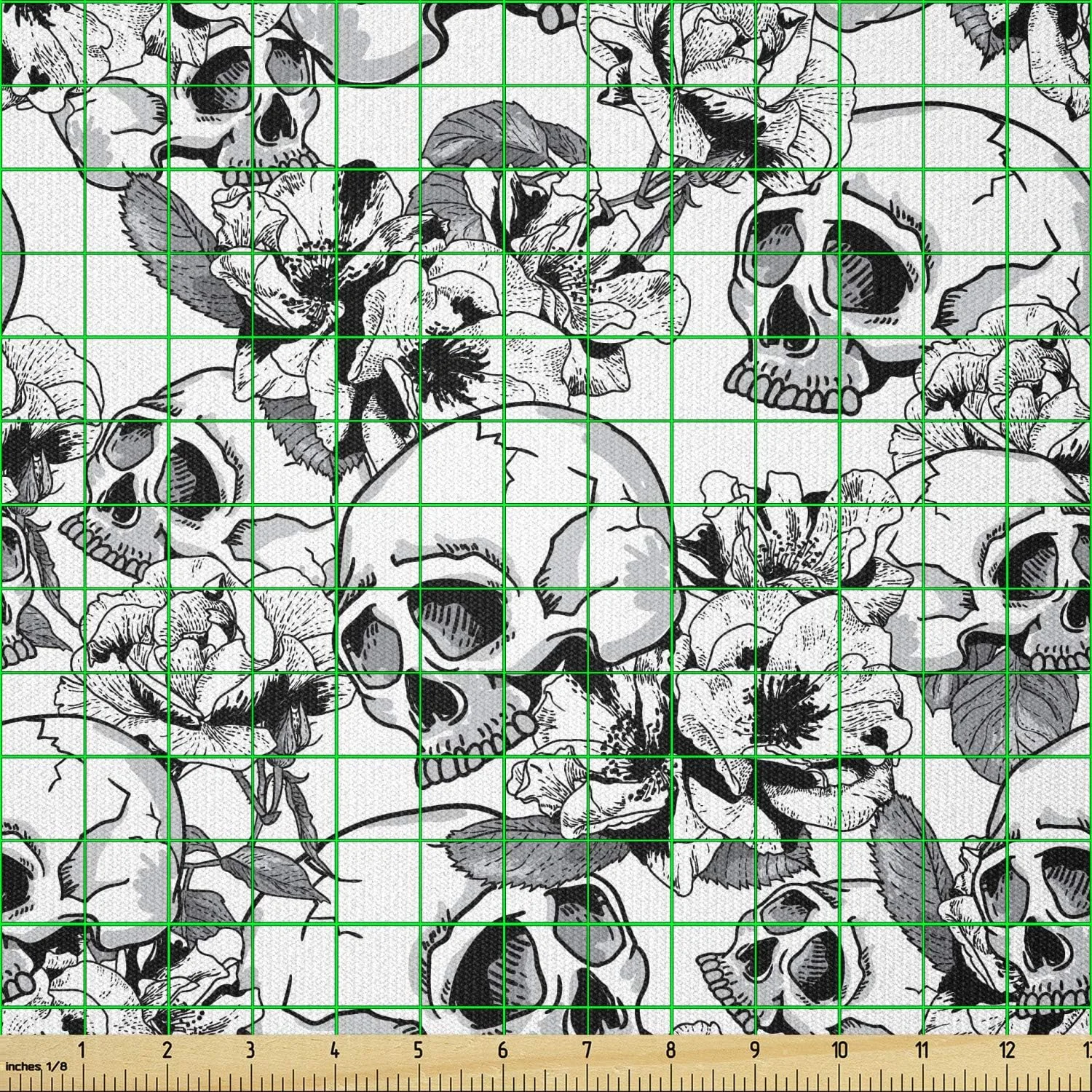 پارچه طرح روز مردگان Ambesonne، طرح اسکلت های مرده با طرح های اسپانیایی مکزیکی، پارچه کشباف برای خیاطی لباس، هنر و صنایع دستی، 1 یارد، سفید مشکی